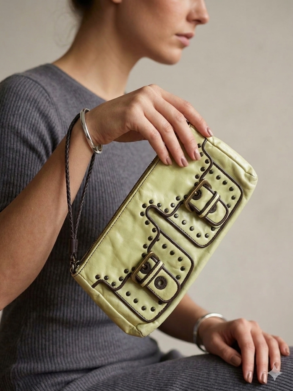 Kate Landry Studded Leather Wristlet Clutch | Lime Green Buckle Moto Boho
